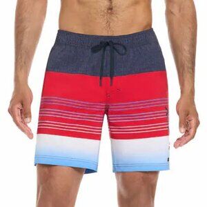 Hurley Men’s Swim Shorts Trunks Navy Red Striped Adjustable Waist Back Pocket